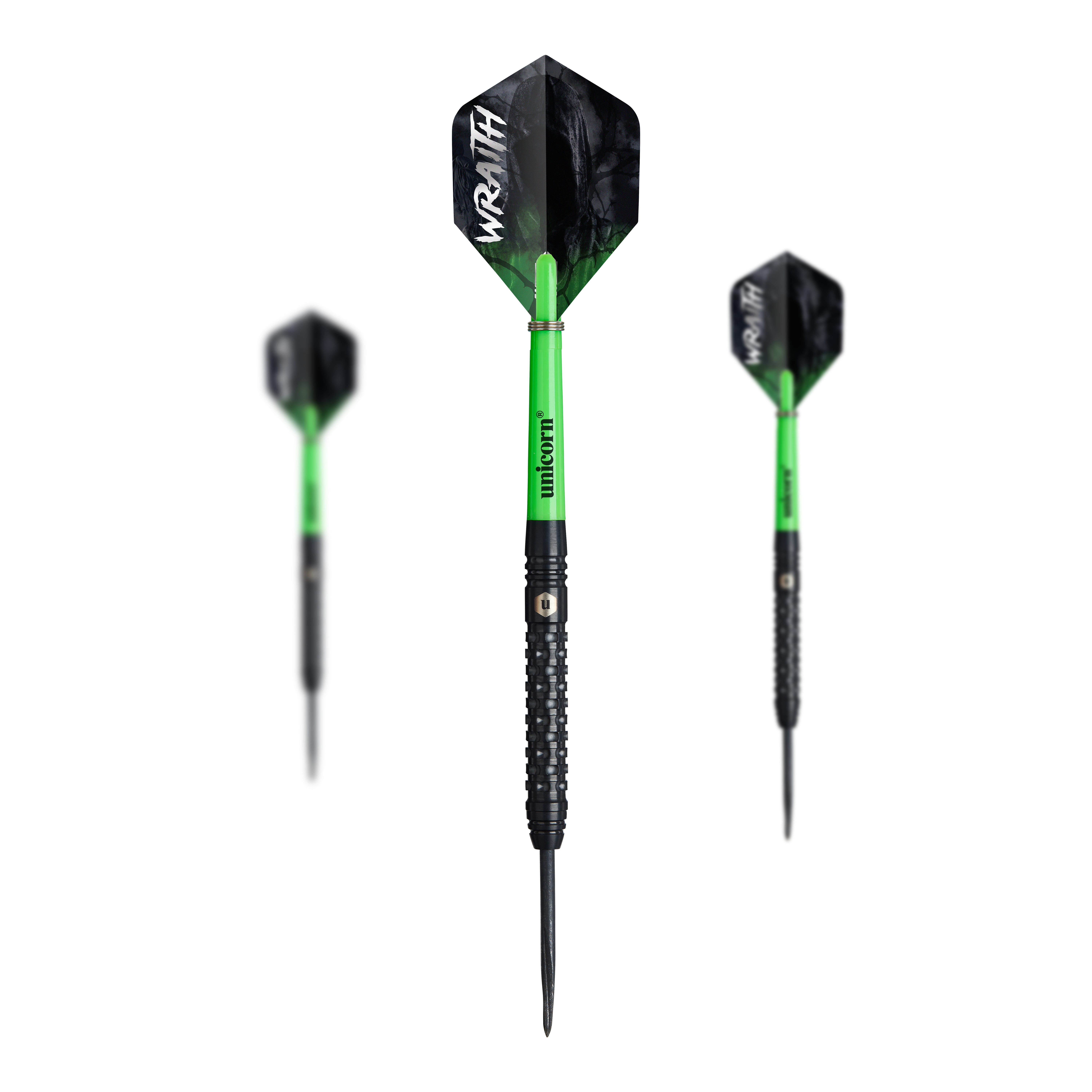 Auf dem Bild sind drei Unicorn Wraith Steeldarts zu sehen. Die Darts haben schwarze Spitzen, grüne Schäfte und schwarze Flights mit der Aufschrift "WRAITH".